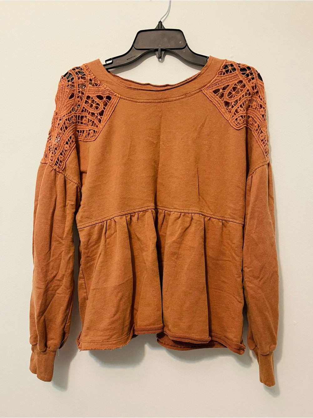 Women’s Crochet-Shoulder Peplum Sweatshirt - Rust